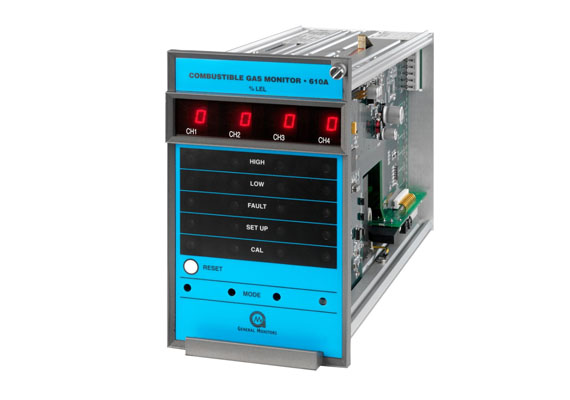 The 610A is a system for continuously monitoring combustible gas (hydrocarbon) concentrations in four locations. The system consists of four General Monitors remote catalytic bead sensing assemblies and a solid-state controller. The controller features four independent channels, each having its own circuitry. The 610A features a digital display of gas concentrations in % LEL (0-99% lower explosive limit) for each channel.